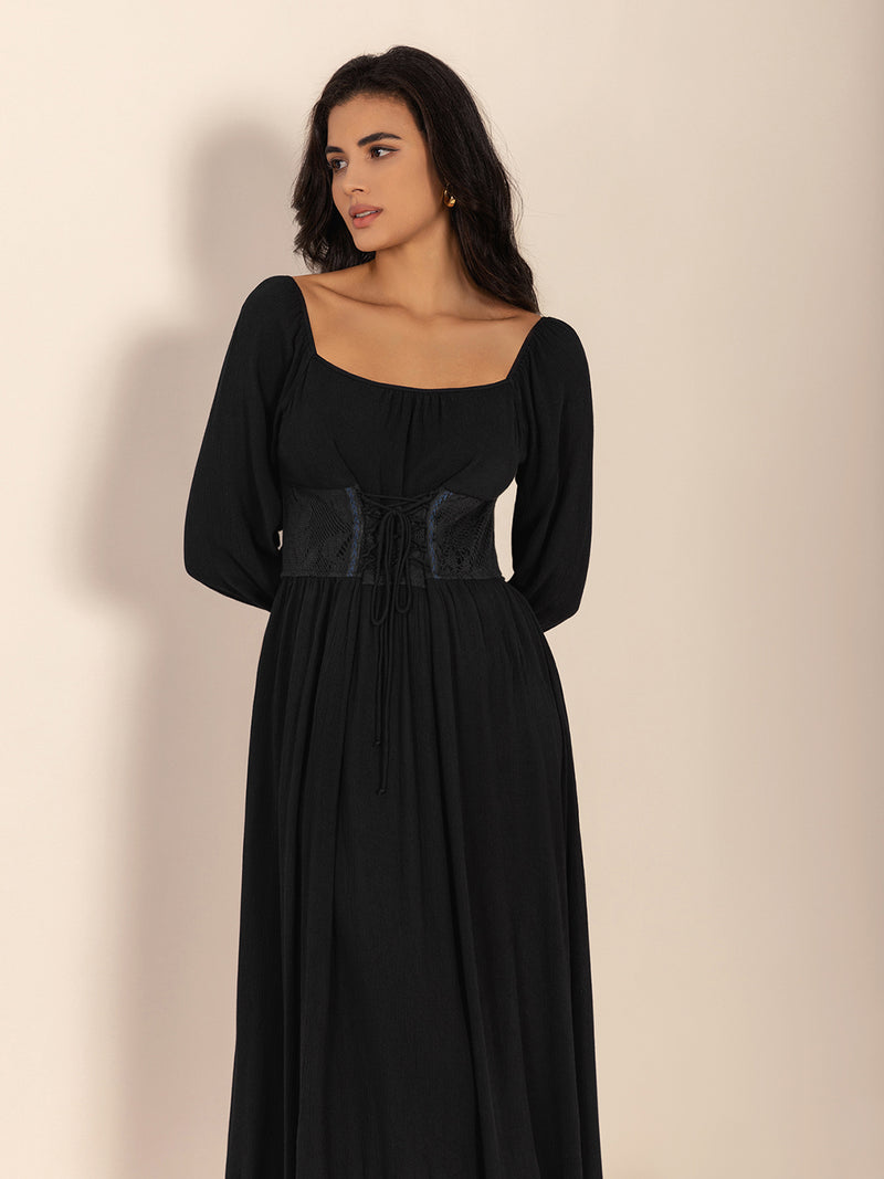 Hazel Blues | Lace-Up Square Neck Long Sleeve Midi Dress Hazel Blues | Lace-Up Square Neck Long Sleeve Midi Dress