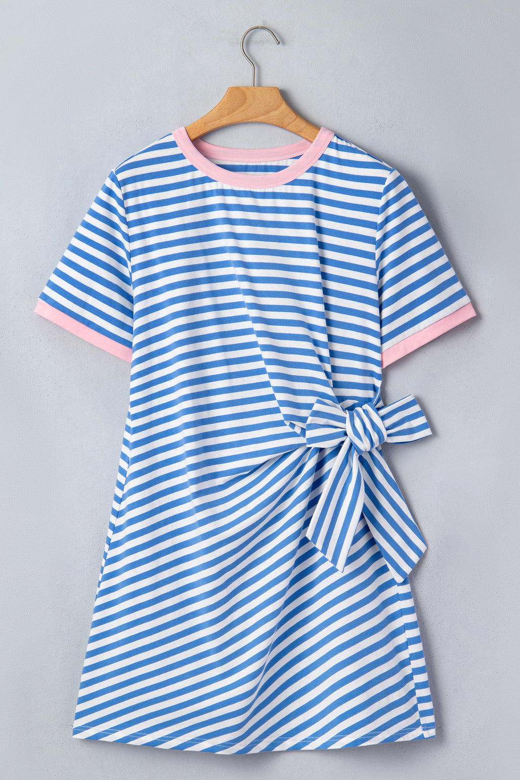 Delilah Mae Sky Blue Stripe Nautical Tie Contrast Trim Round Neck T-Shirt Mini Dress