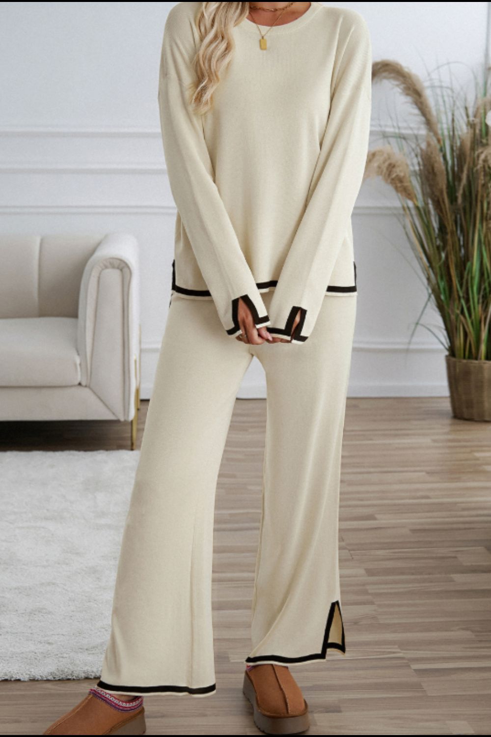 Hazel Blues® |  Contrast Trim Round Neck Top and Pants Sweater Set