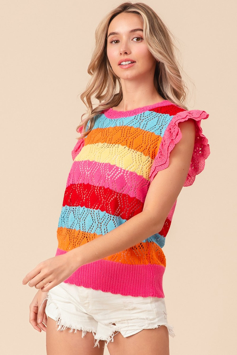 BiBi Pointelle Striped Ruffled Knit Top