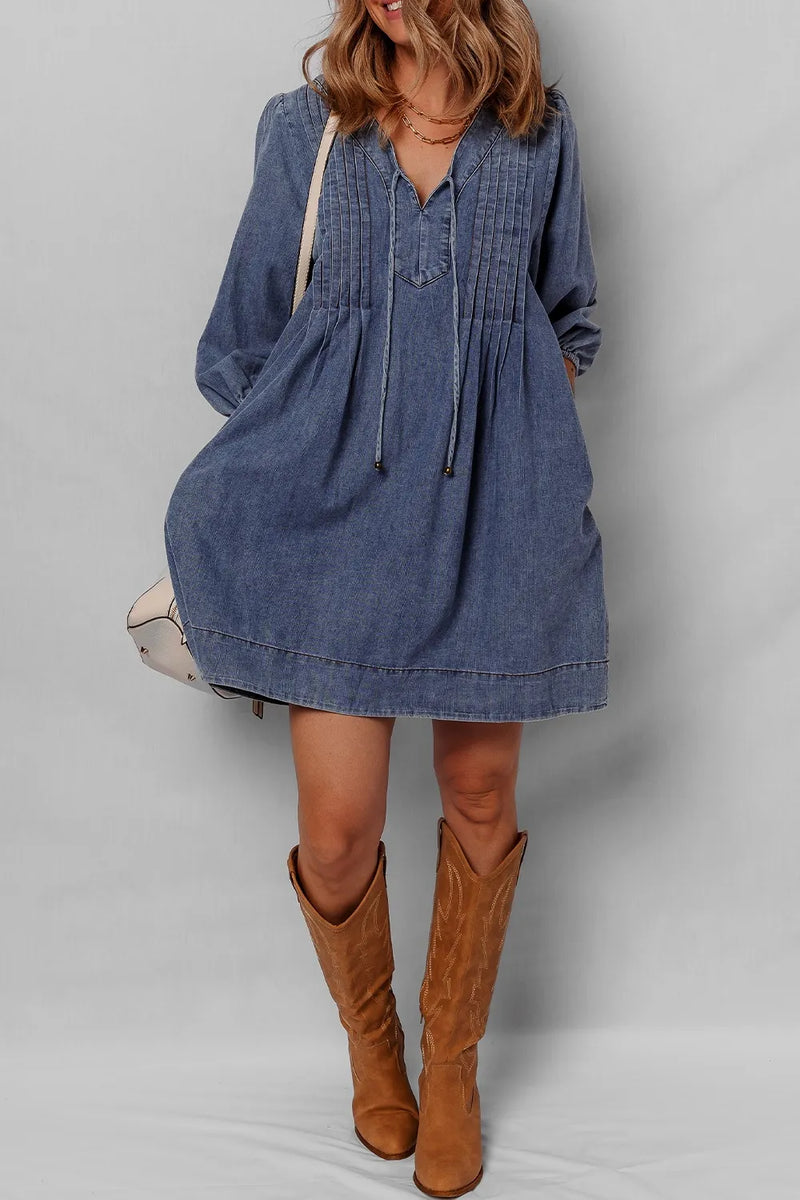 Hazel Blues | Tie Neck Long Sleeve Mini Denim Dress Dark / M Hazel Blues | Tie Neck Long Sleeve Mini Denim Dress Dark / M