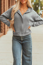 Hazel Blues® |  Gray Waffle Splicing Zip Up Front Button Hooded Jacket