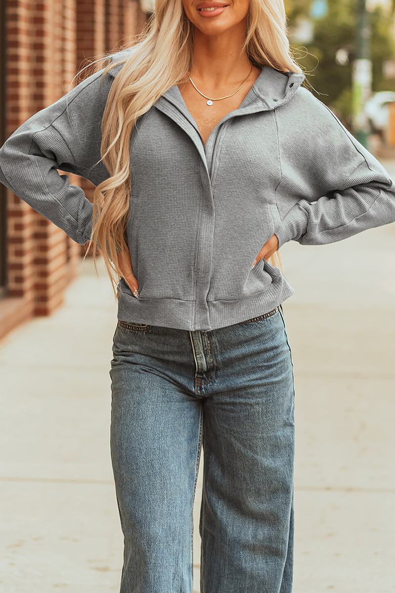 Hazel Blues® |  Gray Waffle Splicing Zip Up Front Button Hooded Jacket