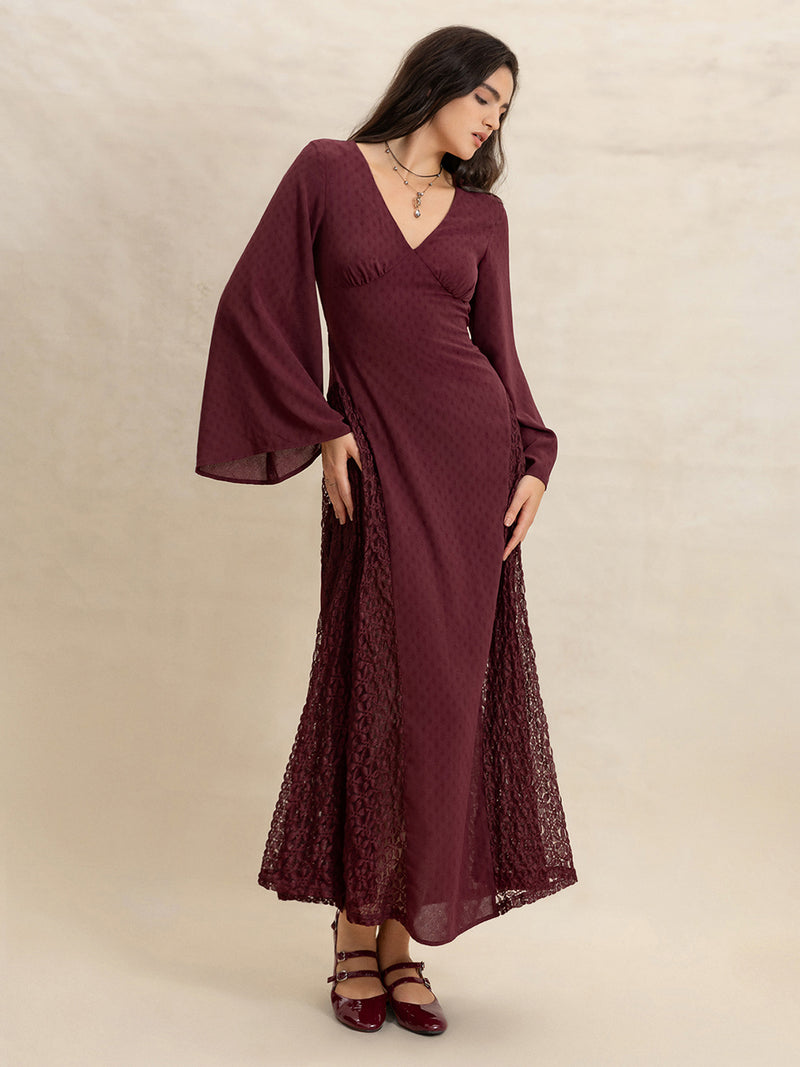 Hazel Blues® |  Lace Patchwork V-Neck Long Sleeve Midi Dress