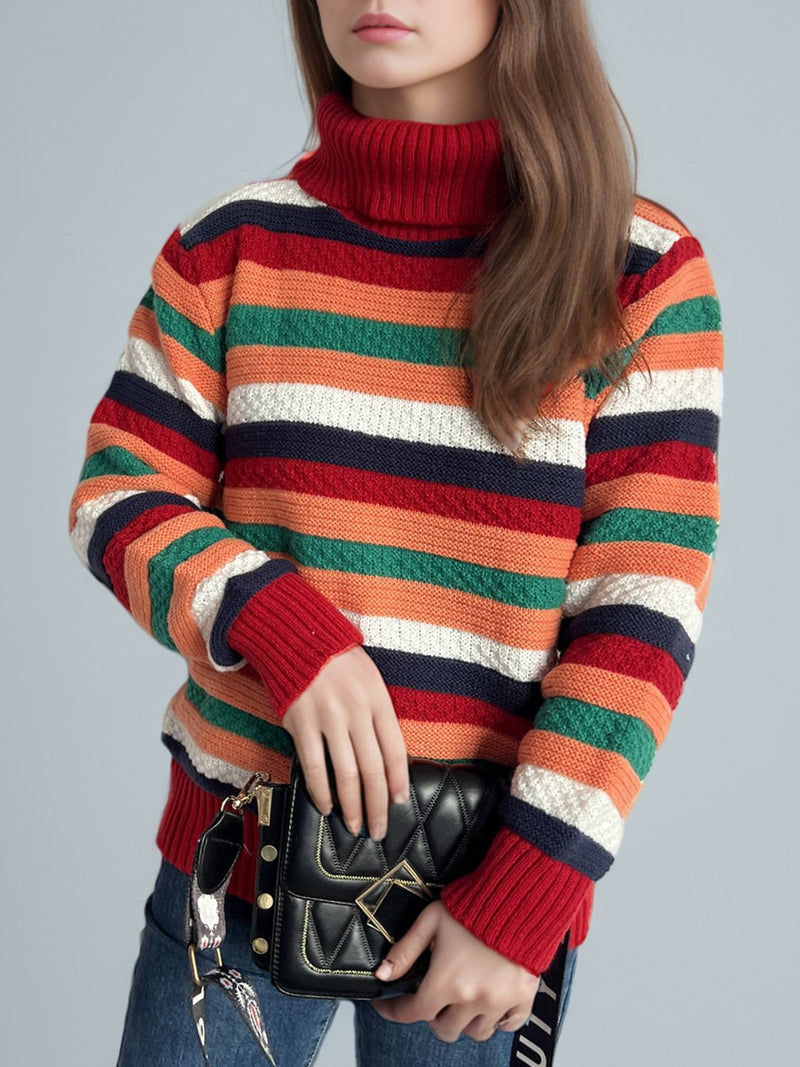 Hazel Blues® |  Contrast Stripes Turtleneck Long Sleeve Sweater