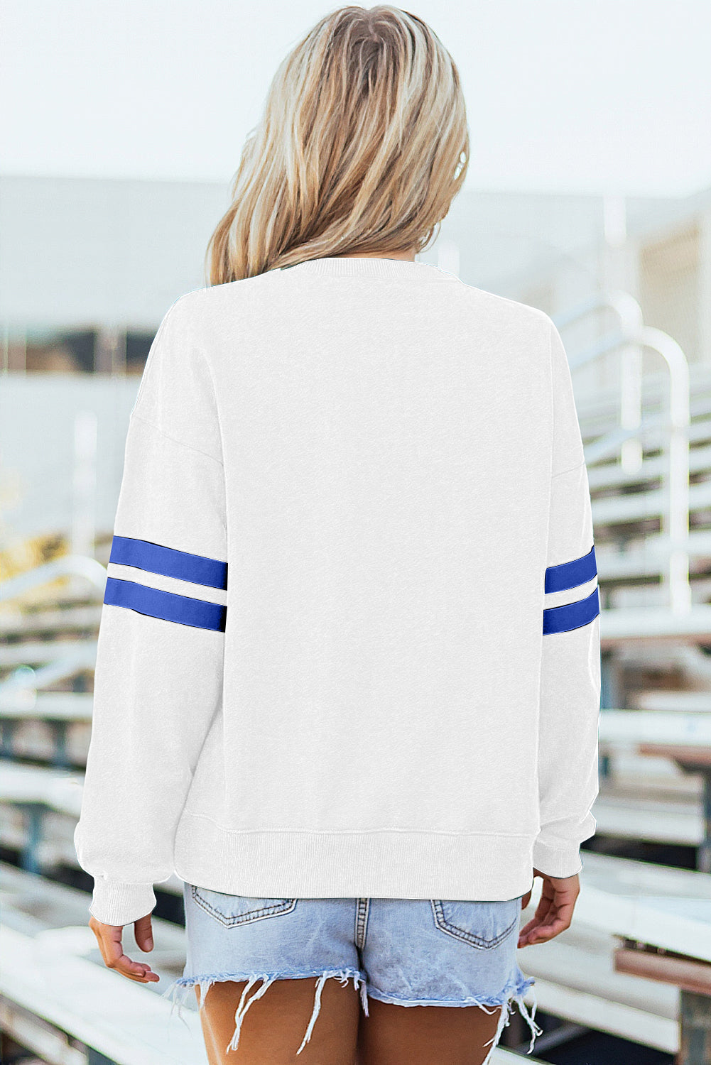 Juliette Noelle White Varsity Stripe Sweatshirt