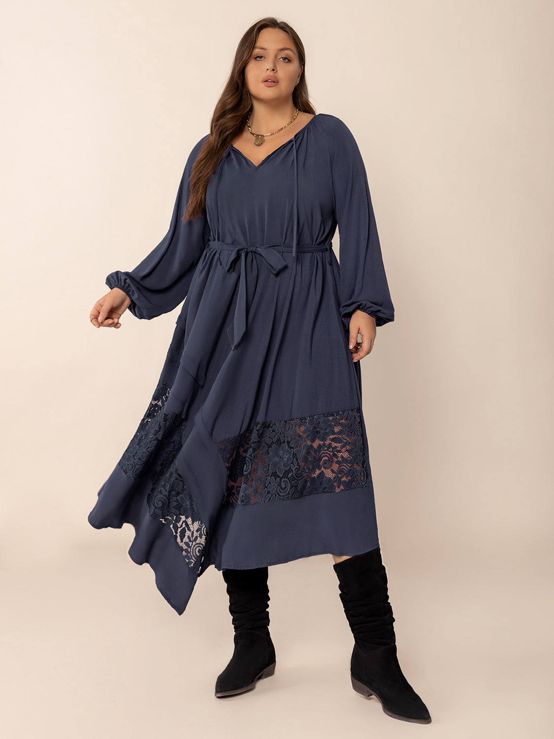 Hazel Blues® |  Lace Detail Tie Neck Long Sleeve Midi Dress