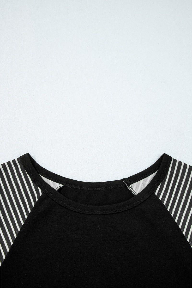 Hazel Blues® |  Black Contrast Print Striped Raglan Long Sleeve Loose Top