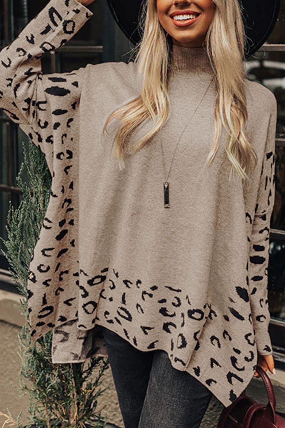 Hazel Blues® |  Slit Leopard Mock Neck Dropped Shoulder Sweater