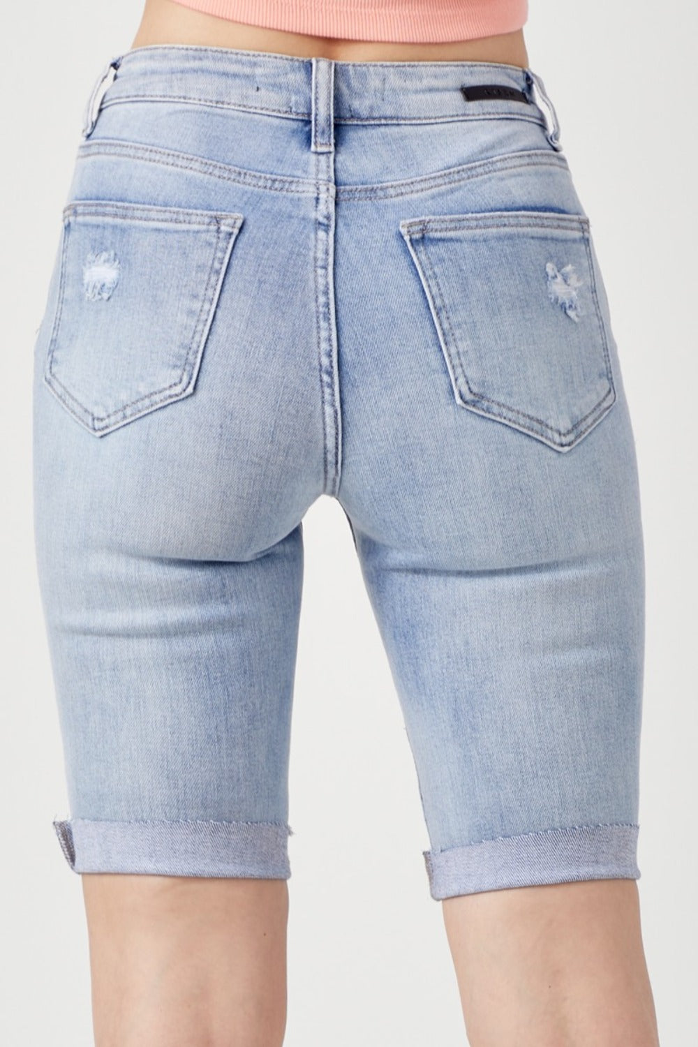 Hazel Blues® |  RISEN High Rise Distressed Denim Bermuda Shorts