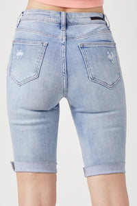 Hazel Blues® |  RISEN High Rise Distressed Denim Bermuda Shorts