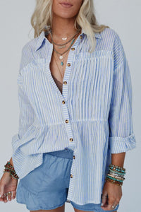 Hazel Blues® |  High-Low Striped Collared Neck Long Sleeve Shirt