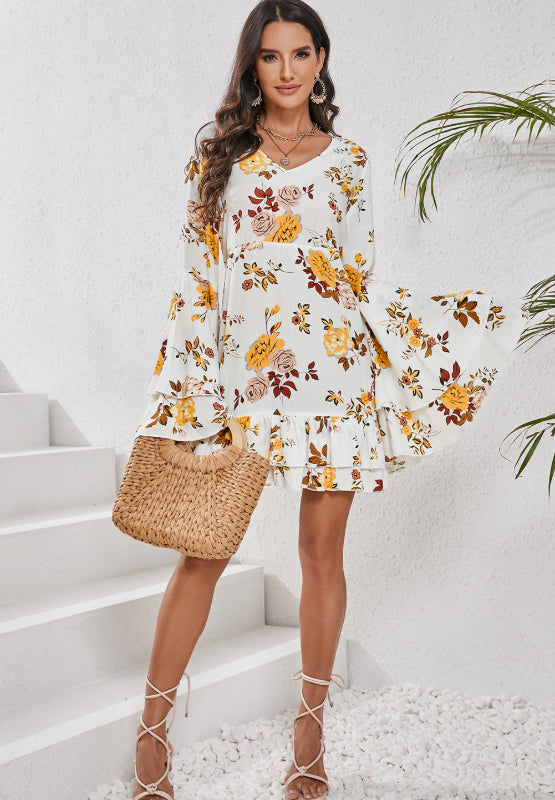 Hazel Blues® |  Printed V-Neck Flare Sleeve Mini Dress