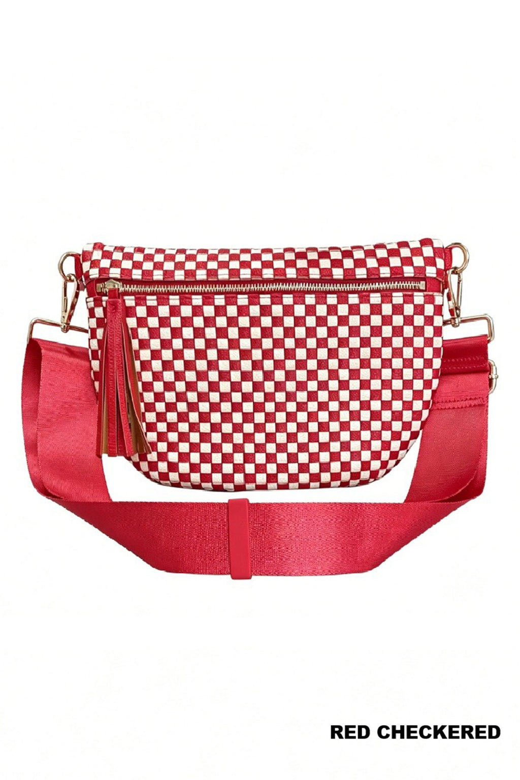 Hazel Wren Red Checkered Woven Crossbody Bag