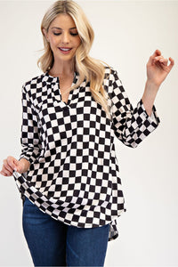 Hazel Blues® |  Celeste Curved Hem Checkered Notched Blouse