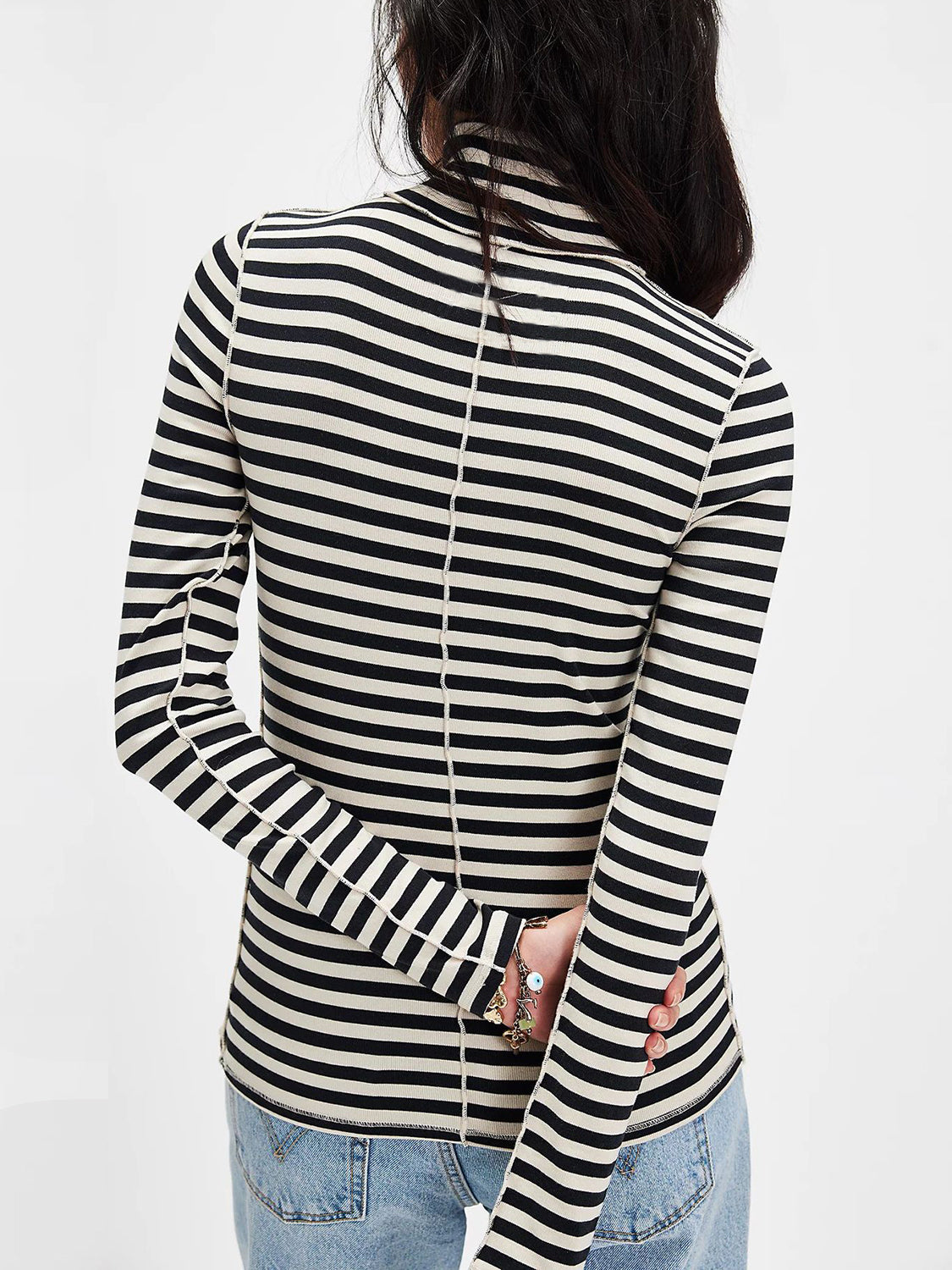 Hazel Blues® |  Exposed Seam Striped Turtleneck Long Sleeve T-Shirt