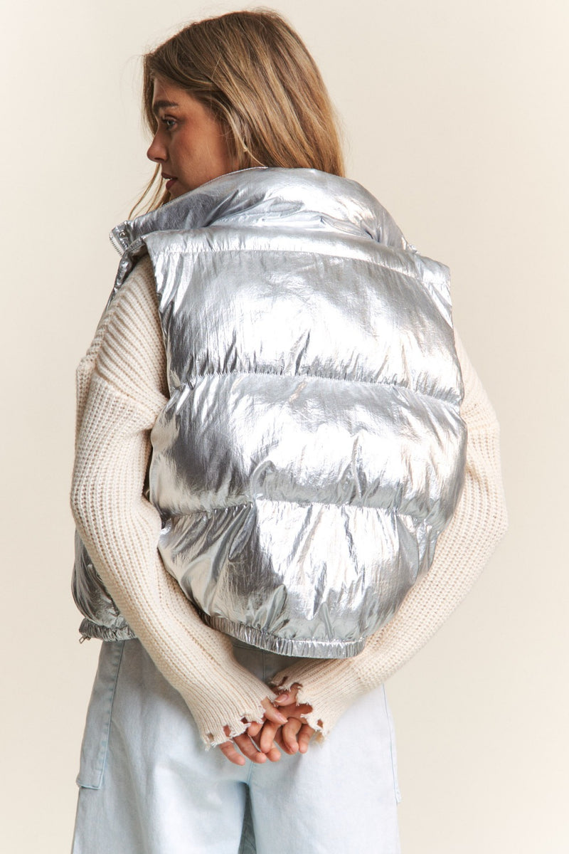 Hazel Blues® |  J.NNA Snap and Zipper Shiny Metallic Puffer Vest