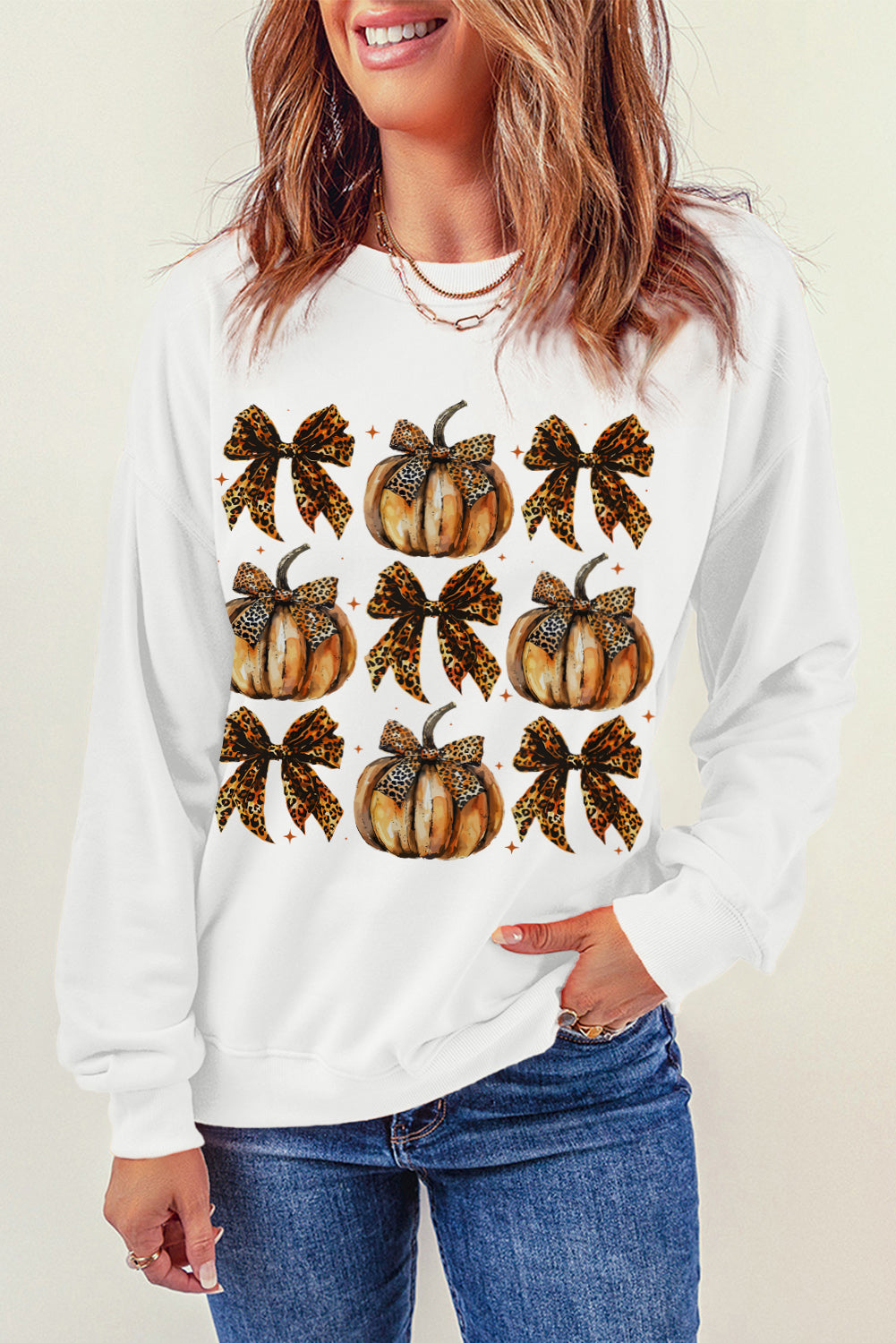 Hazel Blues® |  Beige Pumpkin Leopard Bow Knot Print Pullover Sweatshirt