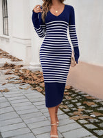 Hazel Blues® |  Striped V-Neck Long Sleeve Sweater Dress