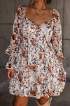 Hazel Blues® |  White Floral Print Sweetheart Neck Long Sleeve High Waist Mini Dress