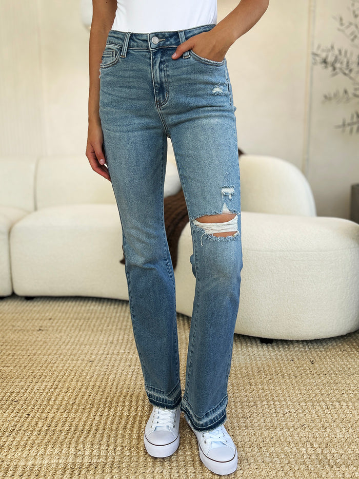 Hazel Blues® |  Judy Blue Mid Rise Destroyed Hem Distressed Jeans