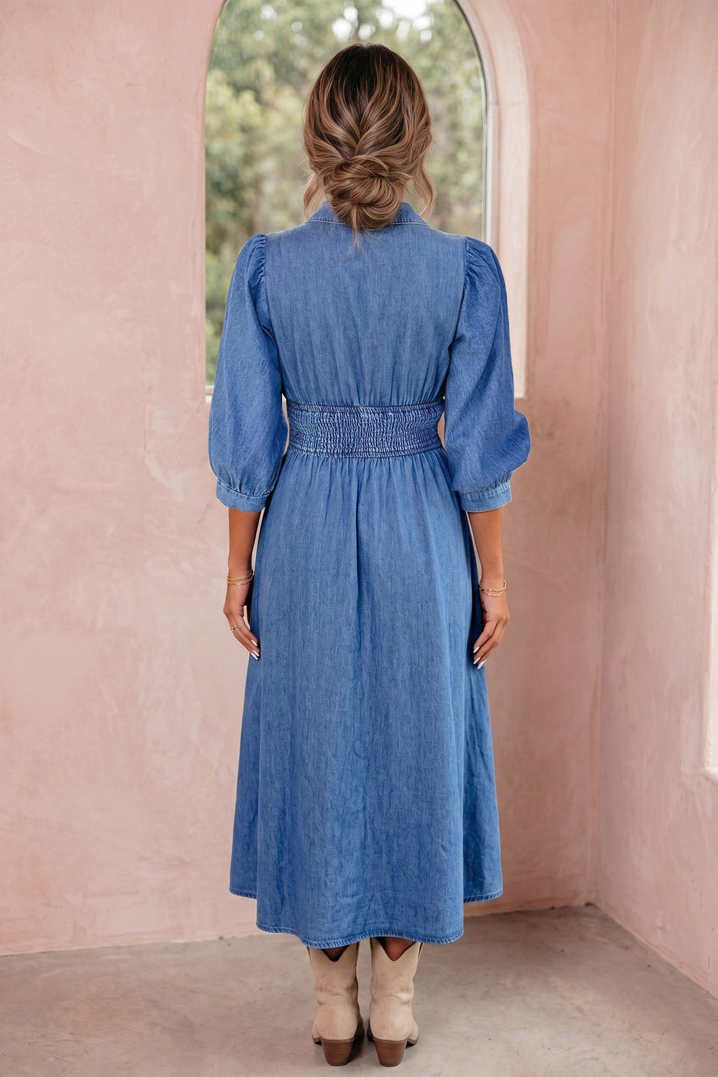 V-Neck Shirred Waist Metal Zipper Denim Midi Dress | Denim V-Neck Zip Dress