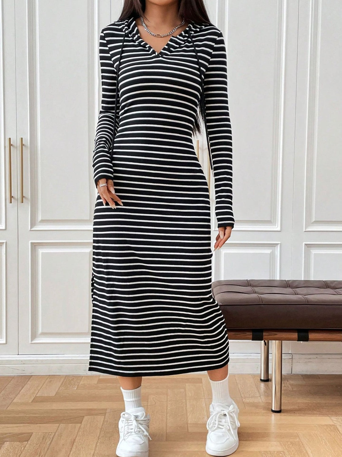 Hazel Blues® |  Drawstring Striped Long Sleeve Hooded Dress