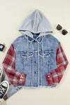 Hazel Blues® |  Raw Hem Drawstring Plaid Denim Jacket