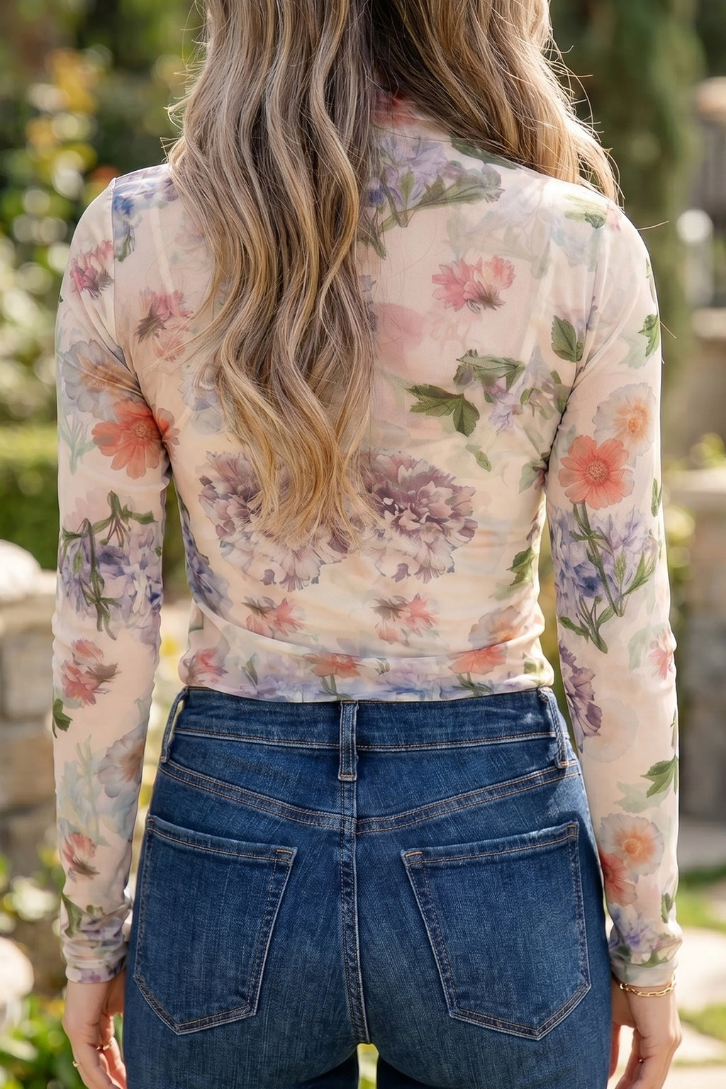 Apricot Floral Mesh Thumbhole Long-Sleeve Slim Top