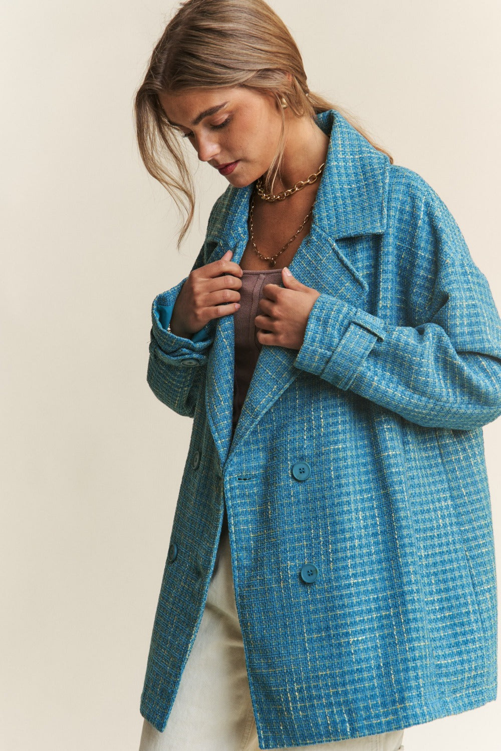 Hazel Blues® |  J.NNA Tweed Double-Breasted Long Sleeve Coat