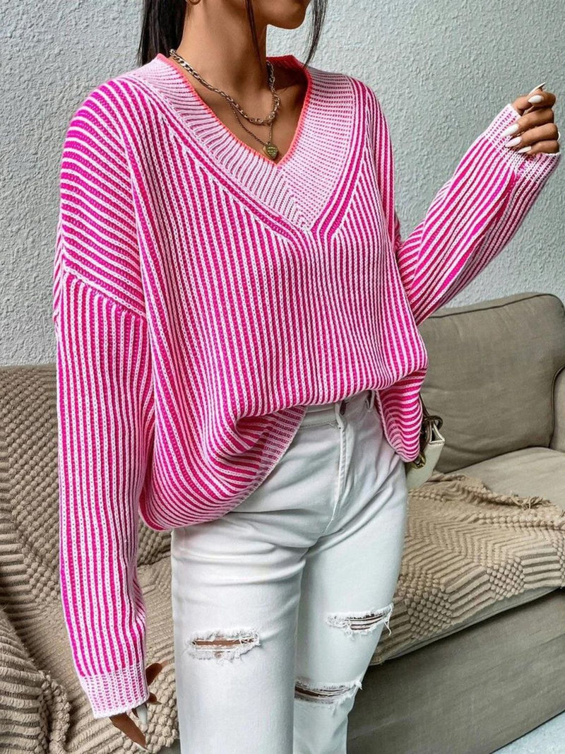 Hazel Blues® |  Striped V-Neck Long Sleeve Sweater