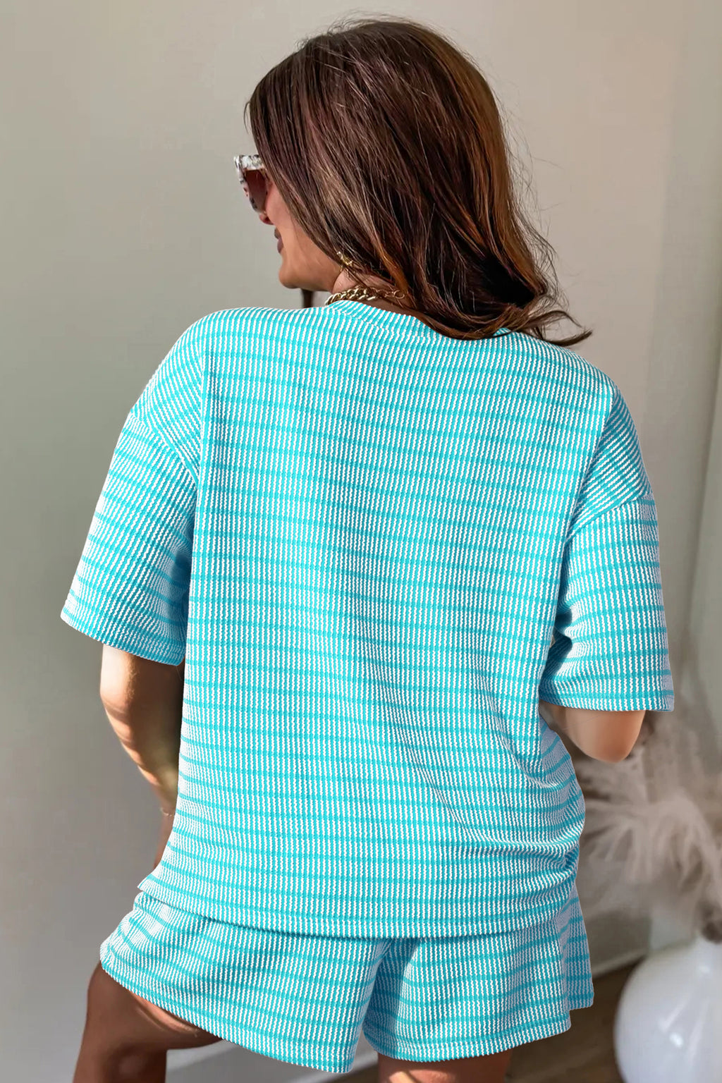 Sky Blue Stripe Raised Rib Relaxed Tee Drawstring Elastic-Waist Two-Piece Short Set