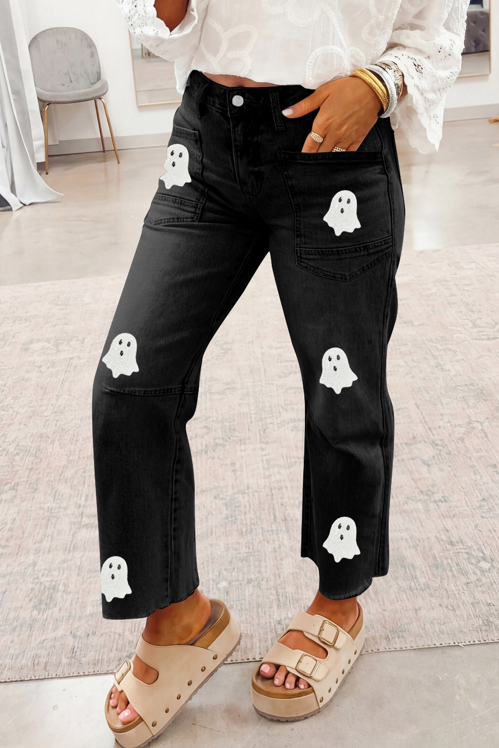 Magnolia Wren Black Sequin Ghost Patched Graphic Raw Hem Casual Jeans