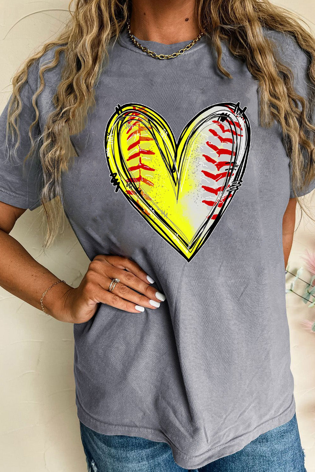 Hazel Blues® |  Gray Baseball Heart Shape Print Crew Neck T Shirt