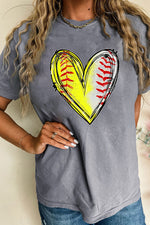 Hazel Blues® |  Gray Baseball Heart Shape Print Crew Neck T Shirt