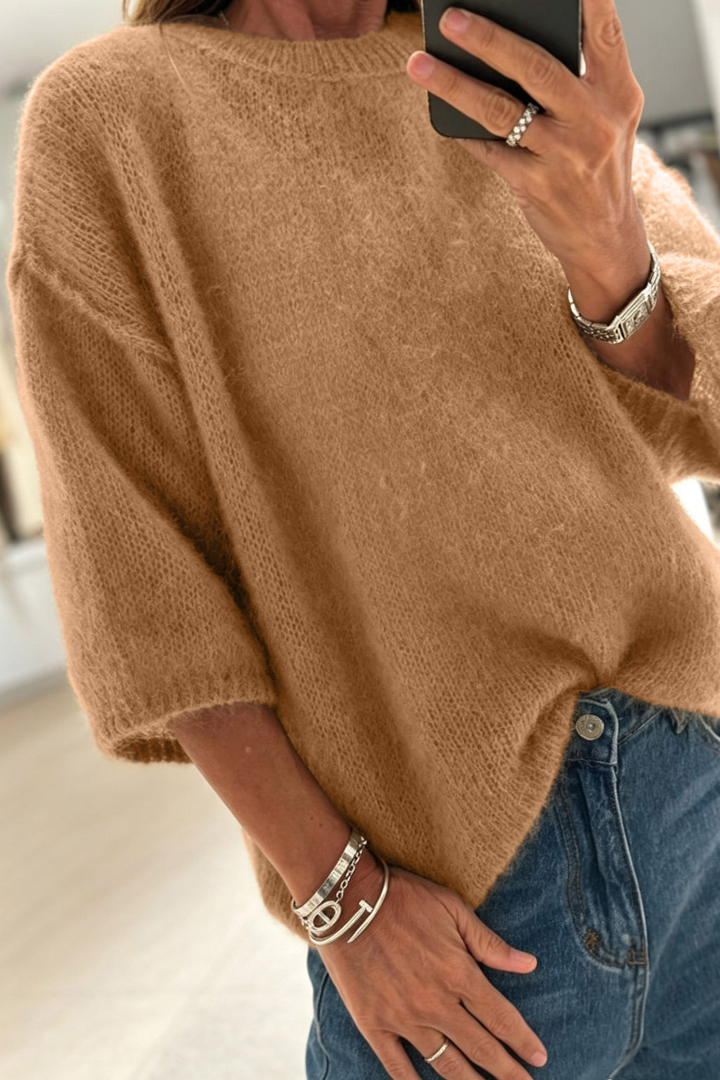 Camel Short-Sleeve Knit Sweater