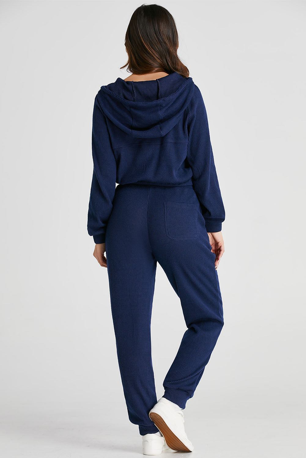 Hazel Blues® |  Navy Blue Ribbed Knit Cropped Hoodie and Drawstring Joggers Set