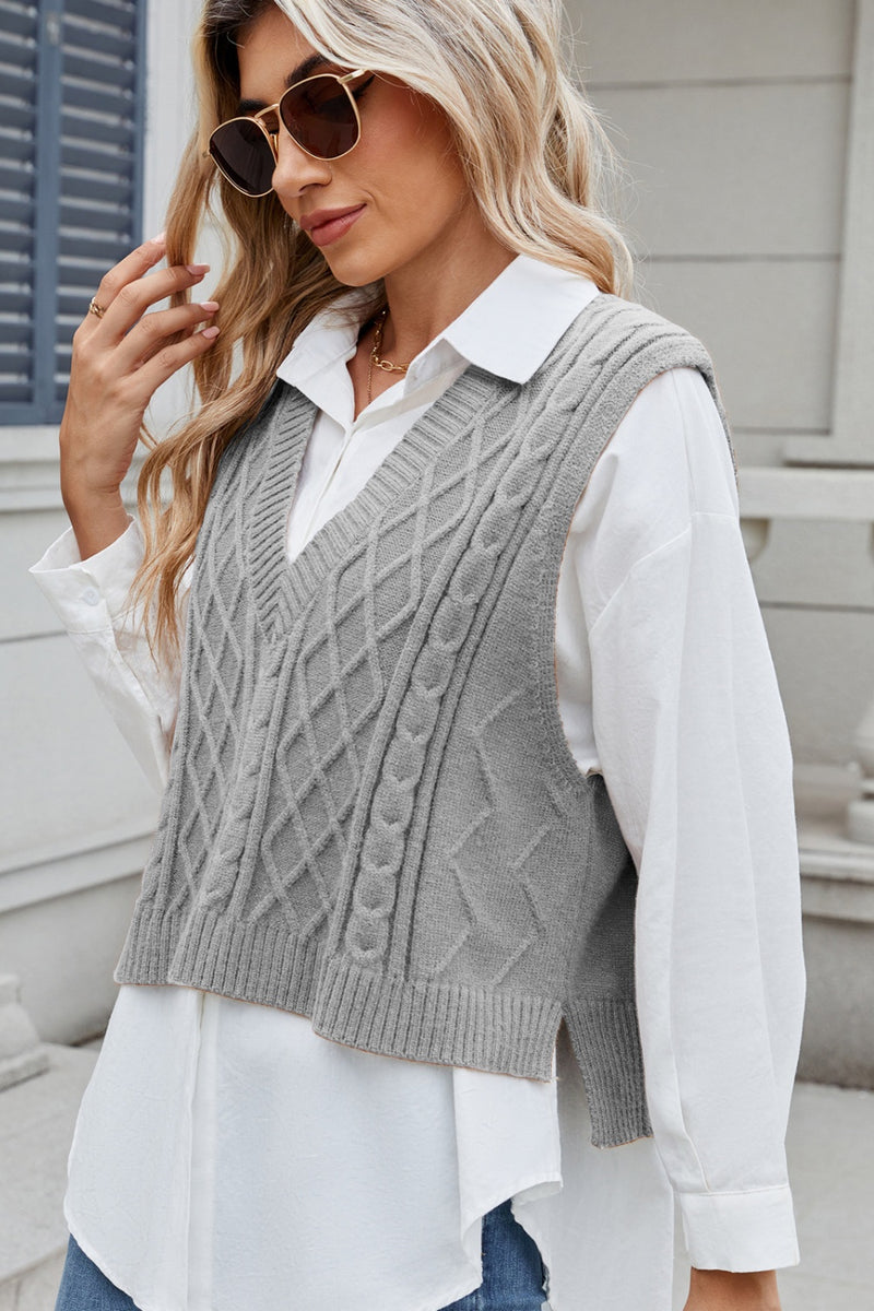 Hazel Blues® |  Cable-Knit V-Neck Sweater Vest