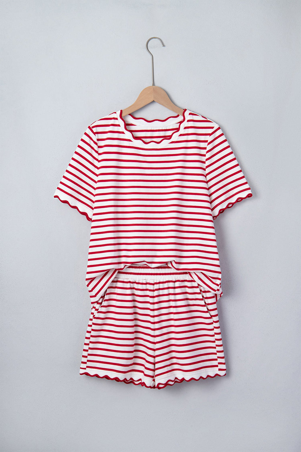 Scallop Trim Casual Top Two-Piece Short Set
