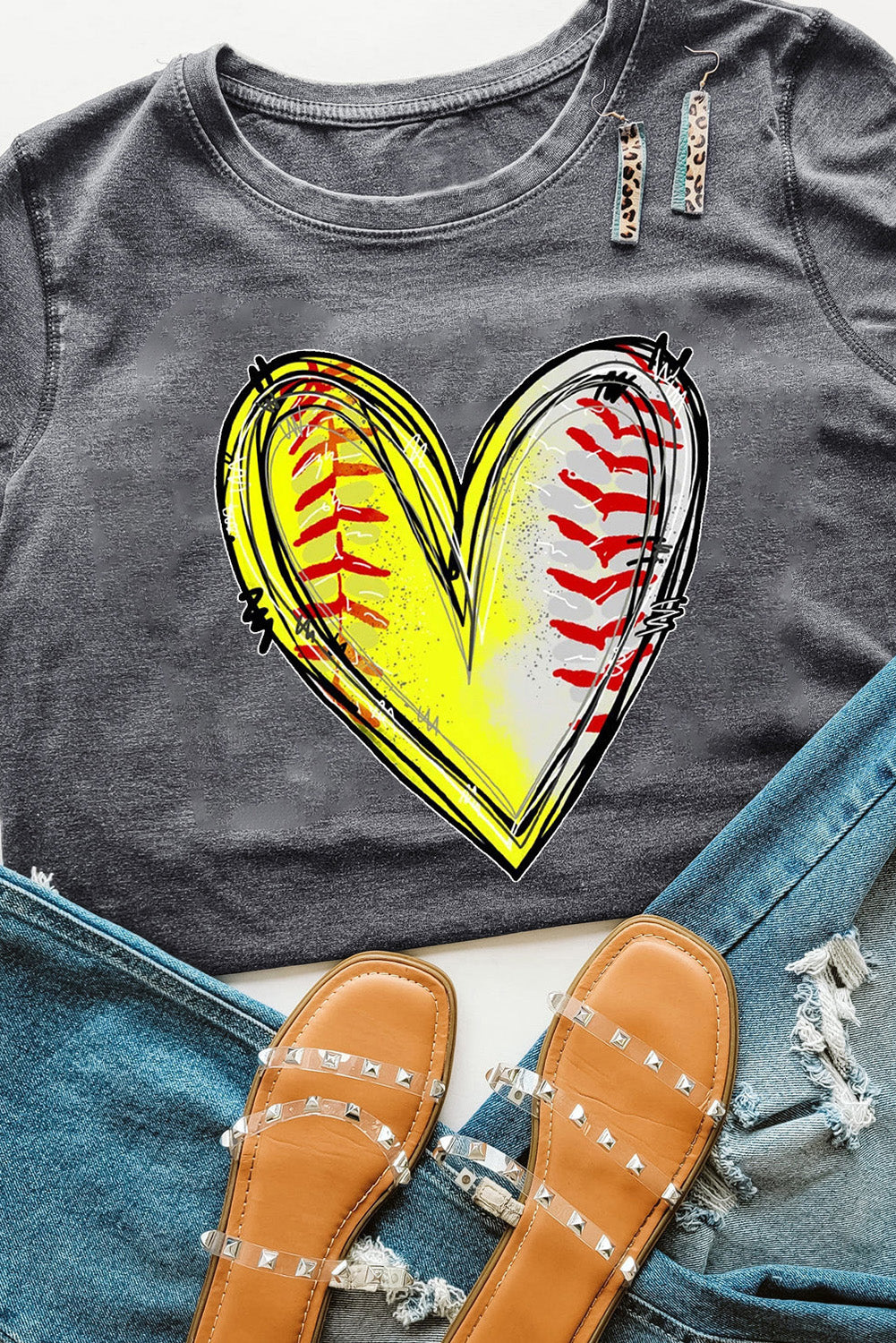 Hazel Blues® |  Gray Baseball Heart Shape Print Crew Neck T Shirt