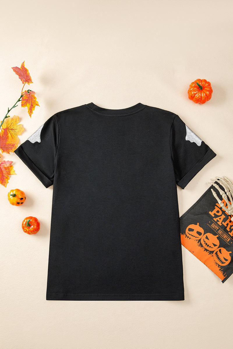Hazel Blues® |  Black Glitter Ghost Pattern Crew Neck Halloween T Shirt
