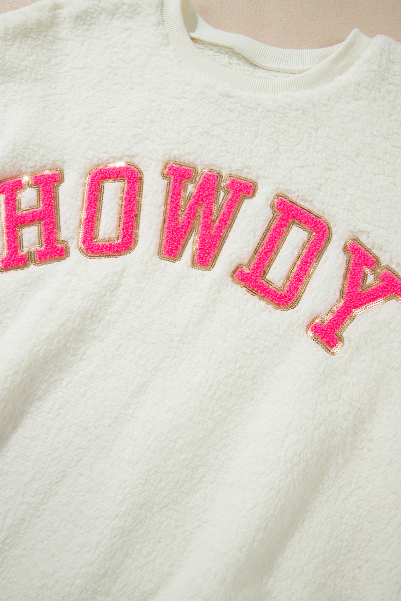 Hazel Blues® |  HOWDY Patched Round Neck Sherpa Sweatshirt