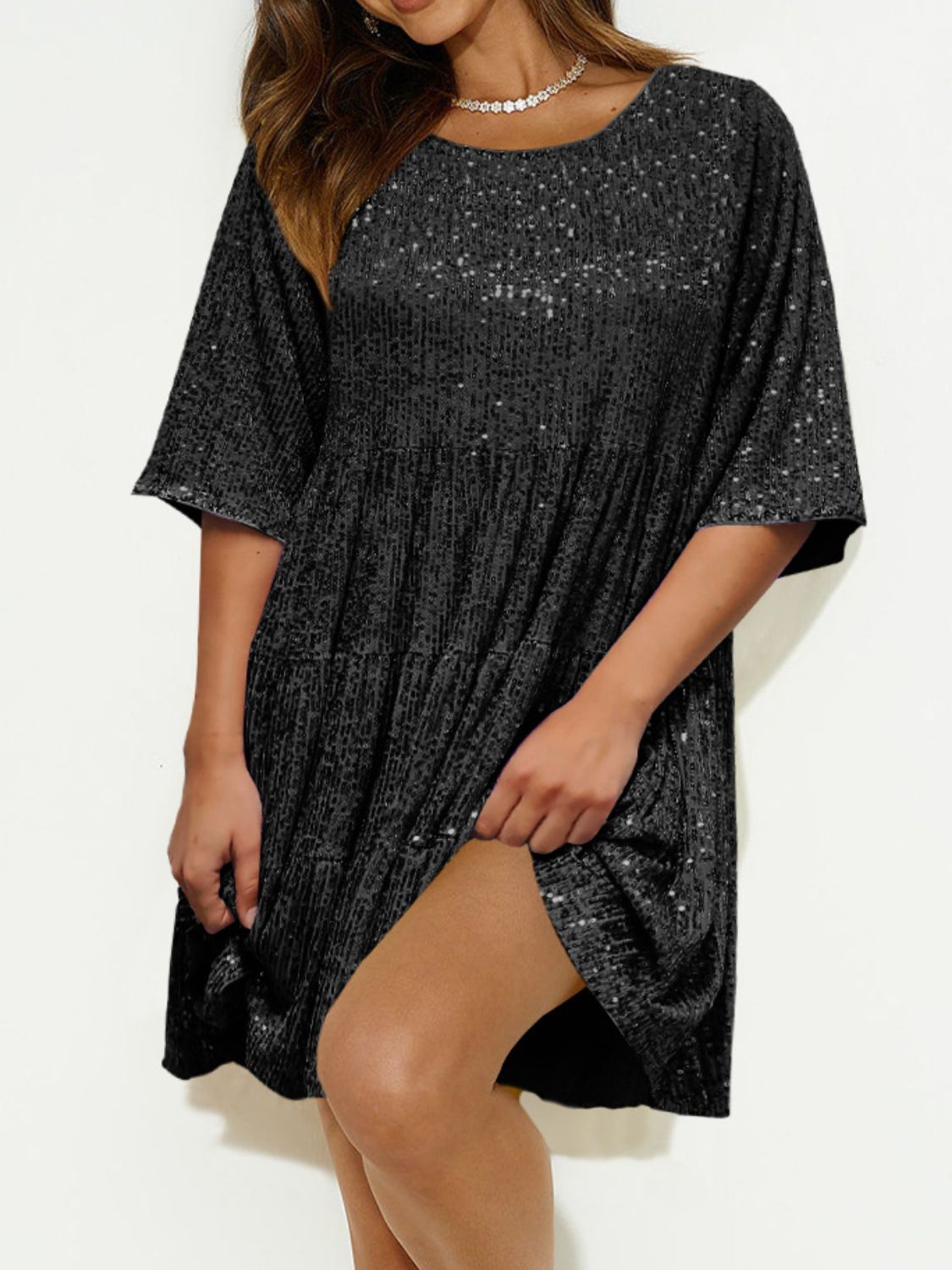 Hazel Blues® |  Sequin Round Neck Half Sleeve Mini Dress