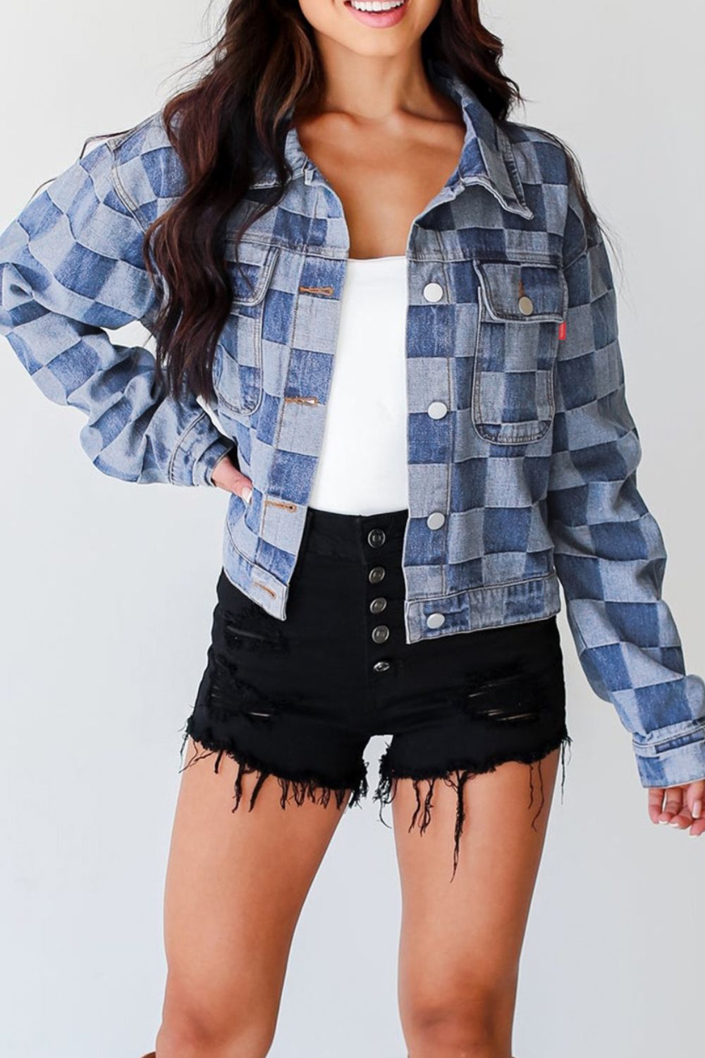 Hazel Blues® |  Checkered Button Up Denim Jacket