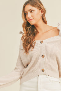 Hazel Blues® |  MABLE Off Shoulder Self Tie Strap Button Down Sweater