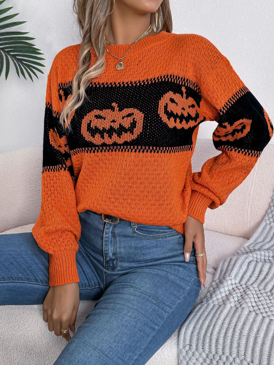 Hazel Blues® |  Pumpkin Round Neck Long Sleeve Sweater