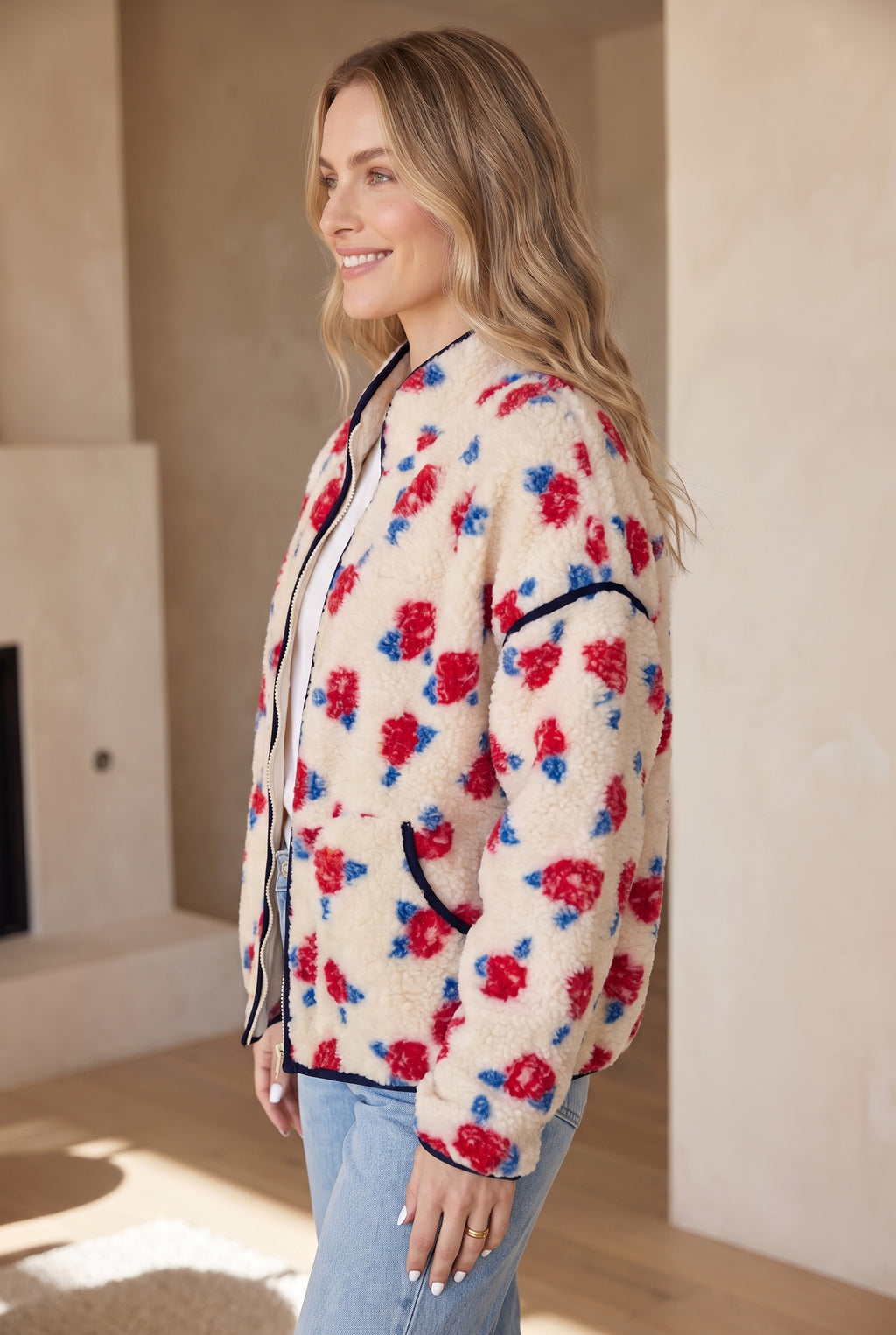 Marlowe Lynn White Floral Fleece Coat