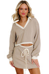 Hazel Blues® |  Parchment Raw Edge Detail Colorblock Patchwork Cropped Pullover Drawstring Skirt Set