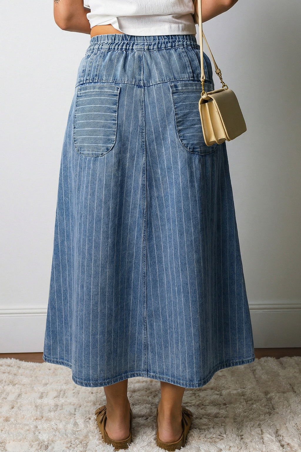 Button Pintuck High Waist Drawstring Denim Midi Skirt | Denim Button Drawstring Skirt