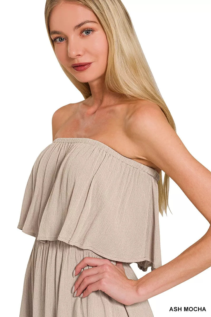 Zenana Woven Crinkle Strapless Maxi Dress Ash Mocha / M